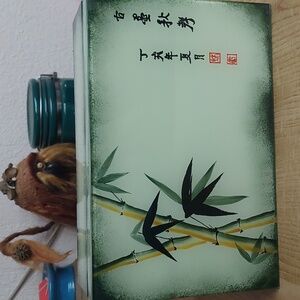 Oriental glass & bamboo covered jewerly box